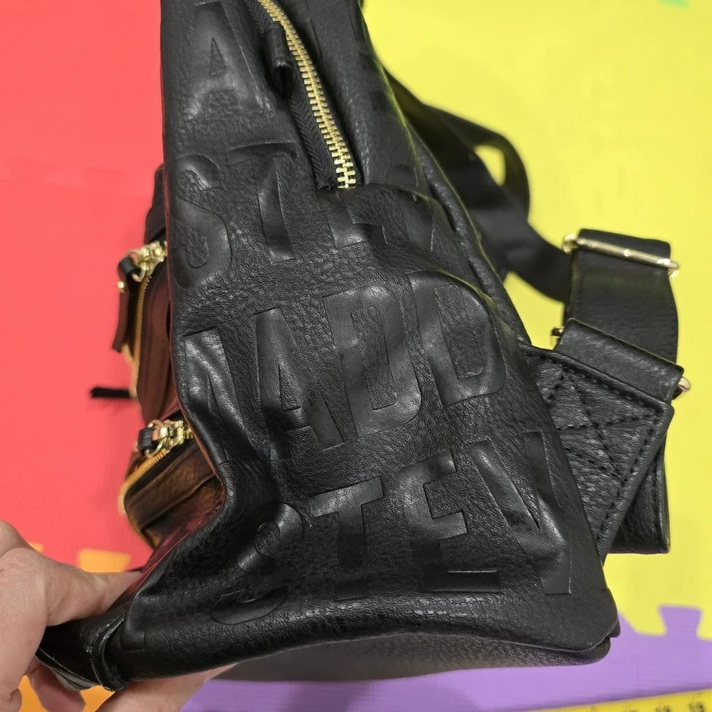 Steve‎ Madden Black Pebbled Vegan Leather Backpack Embossed Logo Gold...